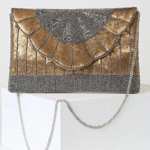 LuLus Glam Goddess Gold & Gunmetal Beaded Sequin Convertible Clutch Shoulder Bag